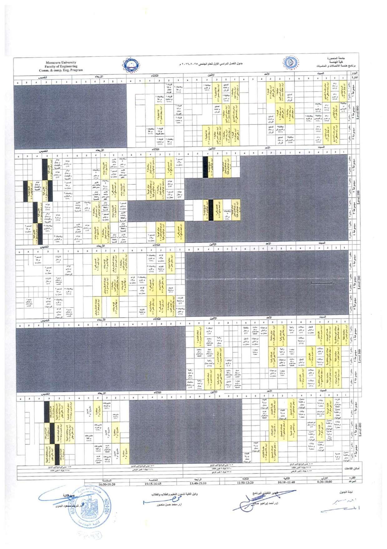 الجدول الدراسى الفصل الدراسى الاول 2025-2026