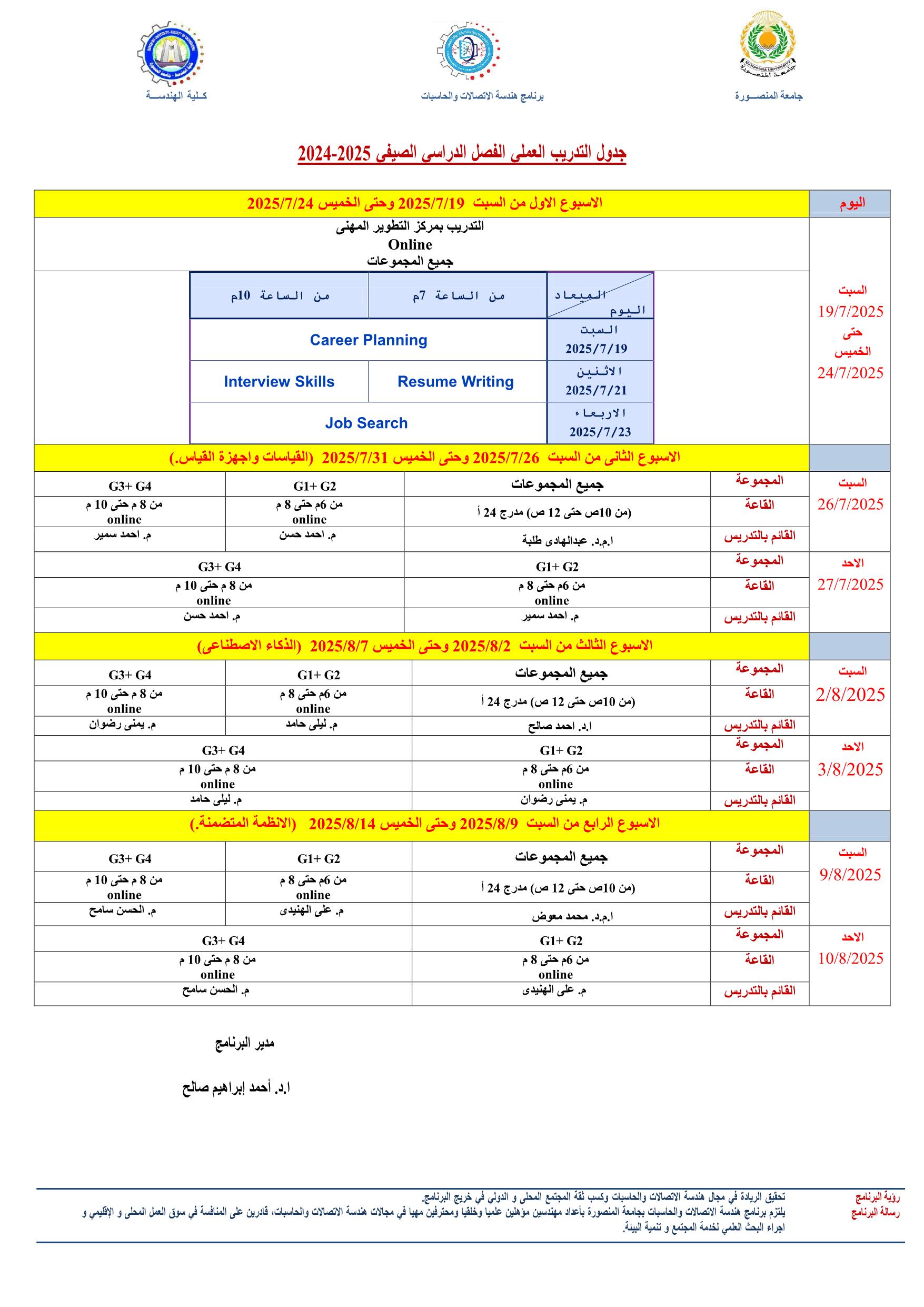 جدول التدريب العملى صيف 2025
